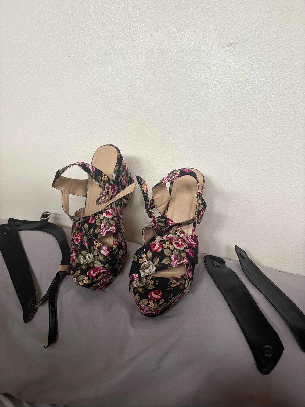 Floral Platform Sandals in Black with Pink and Cream Blooms